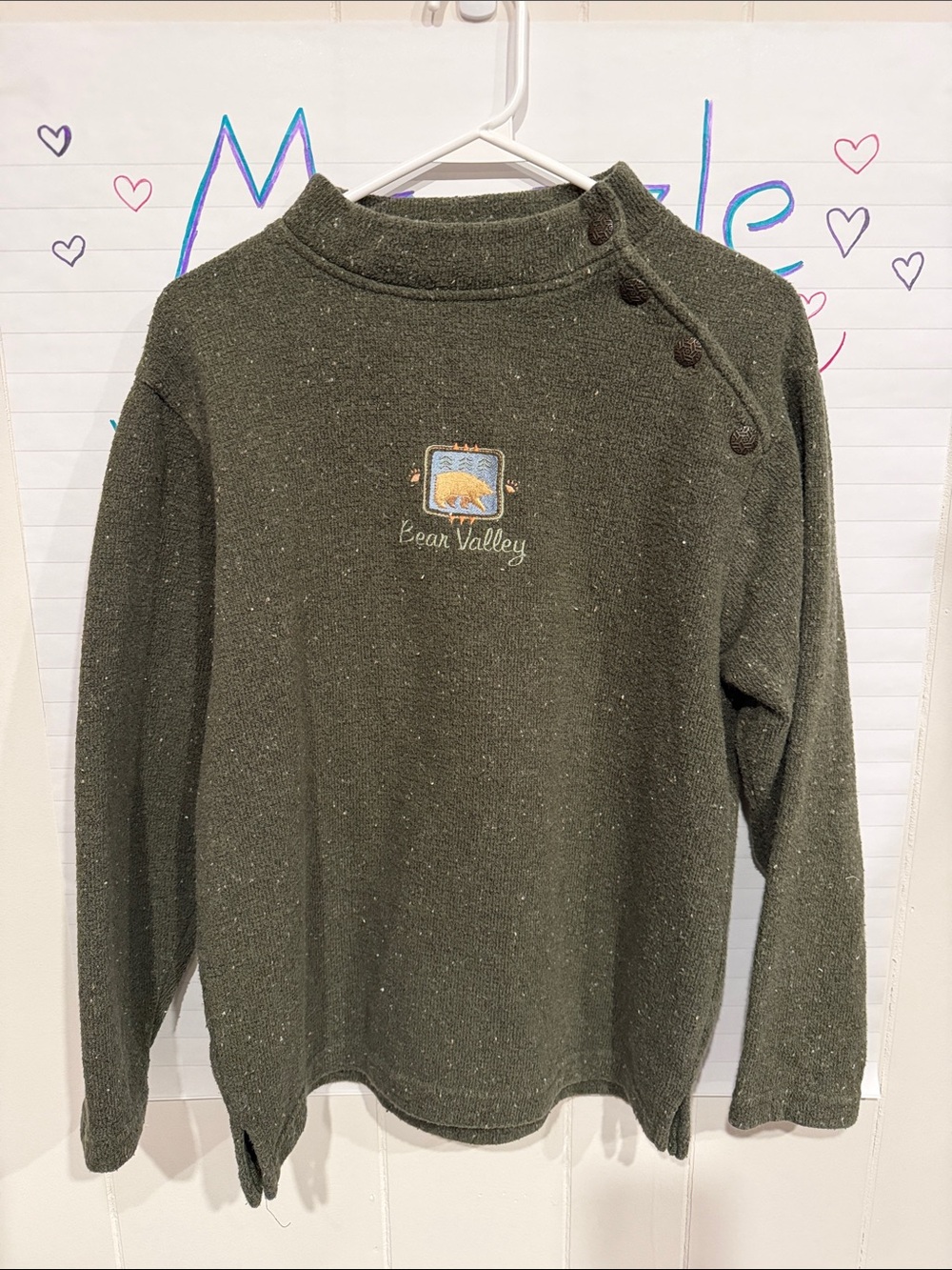 Vintage Olive Green Bear Valley Button-Shoulder Sweater